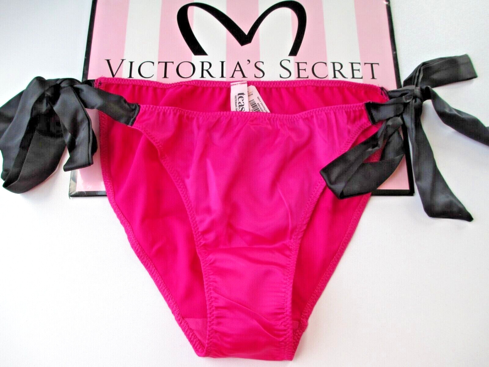 VICTORIA’S SECRET Tease Satin Cheeky Panty VS Black Pink Bow Tie Side S M NWT