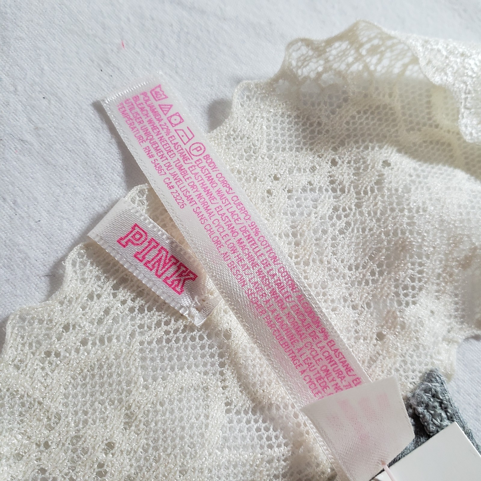 Victoria’s Secret PINK Extra Low Rise Thong Large Gray Ivory Floral Lace