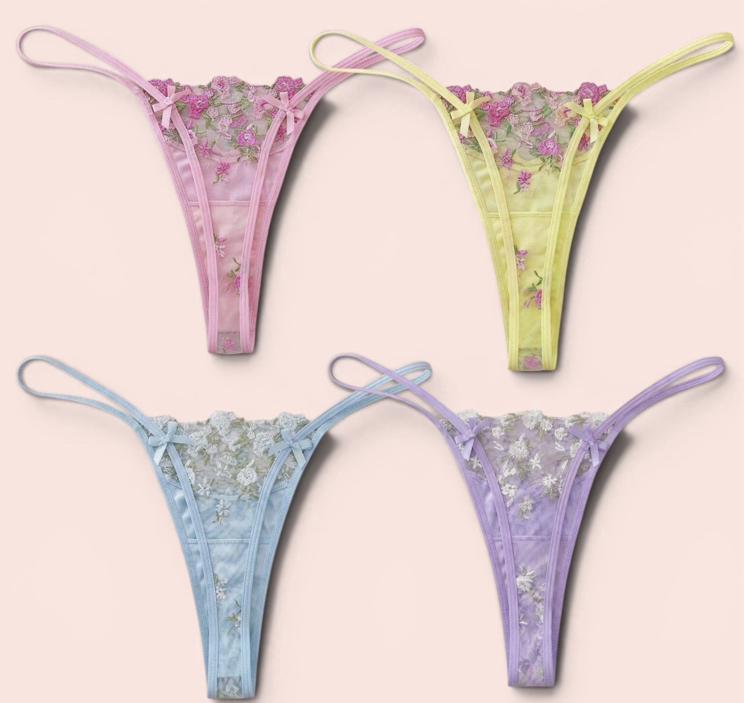 4pr Vtg Styl 2nd Skin Satin Floral Embroidered V-String Thong Panties M NEW