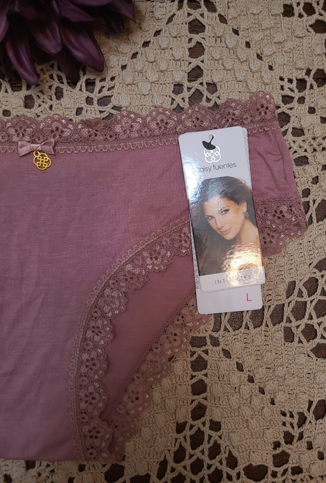 DAISY FUENTES Dusty Rose Bow/ Lace SeXy Hipster Panties Lingerie, 7/L ~ NWT
