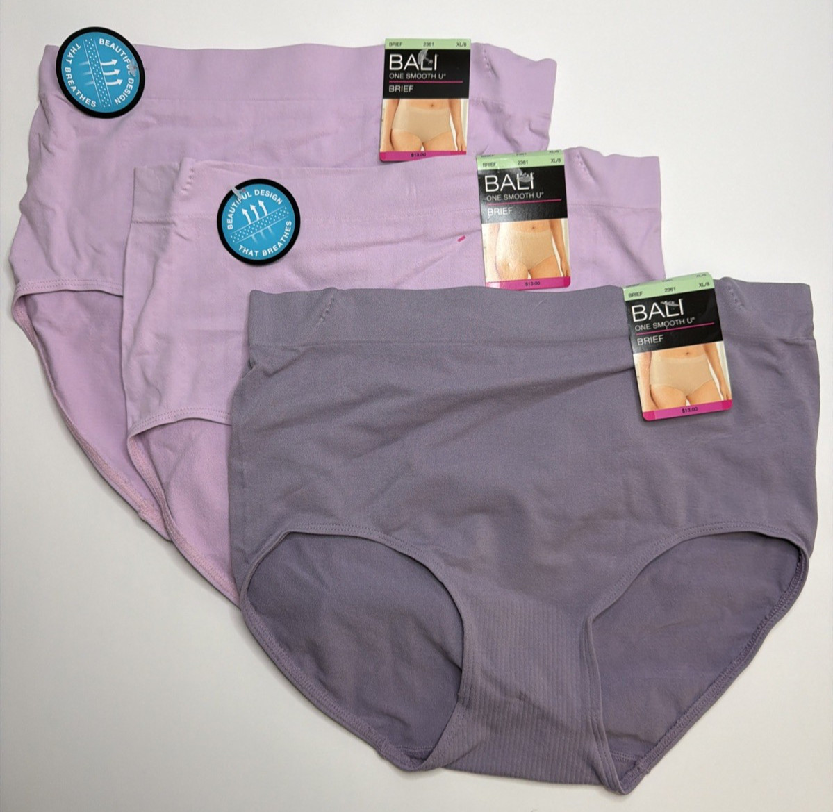 Bali One Smooth U Brief Panty XL/8 Purple Shades 2361 Underwear 3 Pair NEW