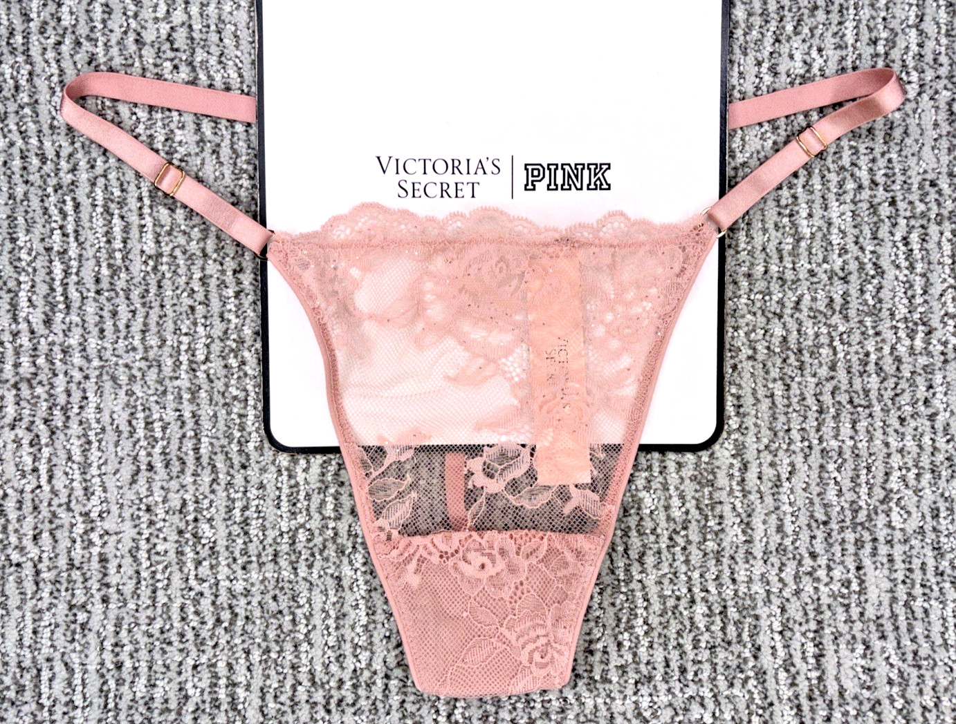 Victoria’s Secret Very Sexy NWT Large Pink Sequin Lace Adjustable V String Panty