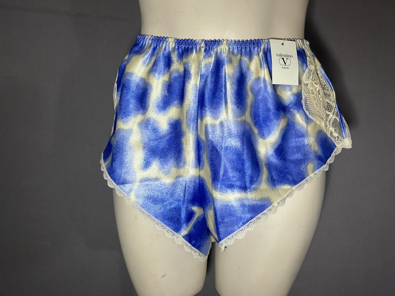 Valentino Intimo Tap Shorts Lounge Wear Blue & Cream W/ Lace Side Slits Sz S