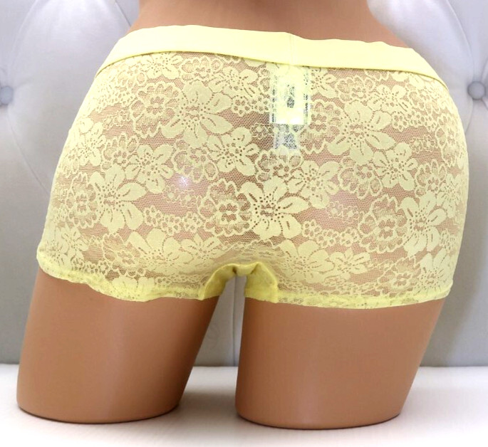 Victoria’s Secret Pink Wink Lace Boyshort Mellow Yellow Rhinestone Flower M L XL