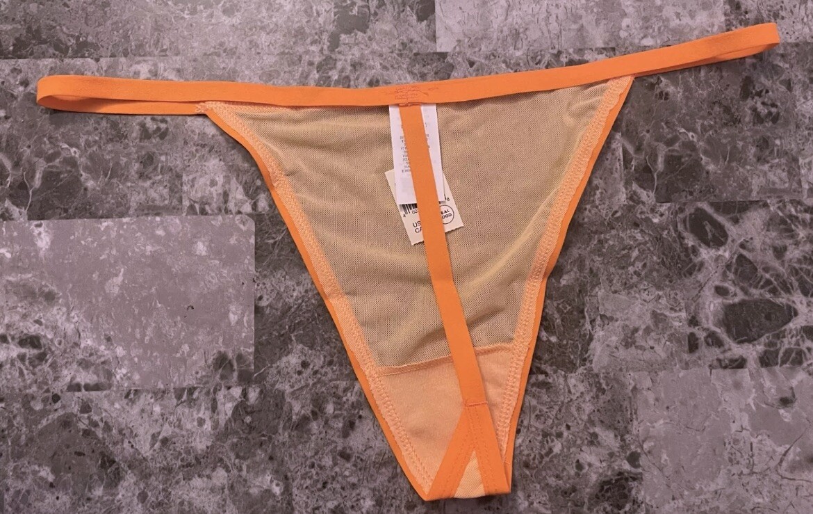 NWT AERIE AMERICAN EAGLE PEACH ORANGE SHEER MESH HIGH CUT V STRING THONG PANTIES