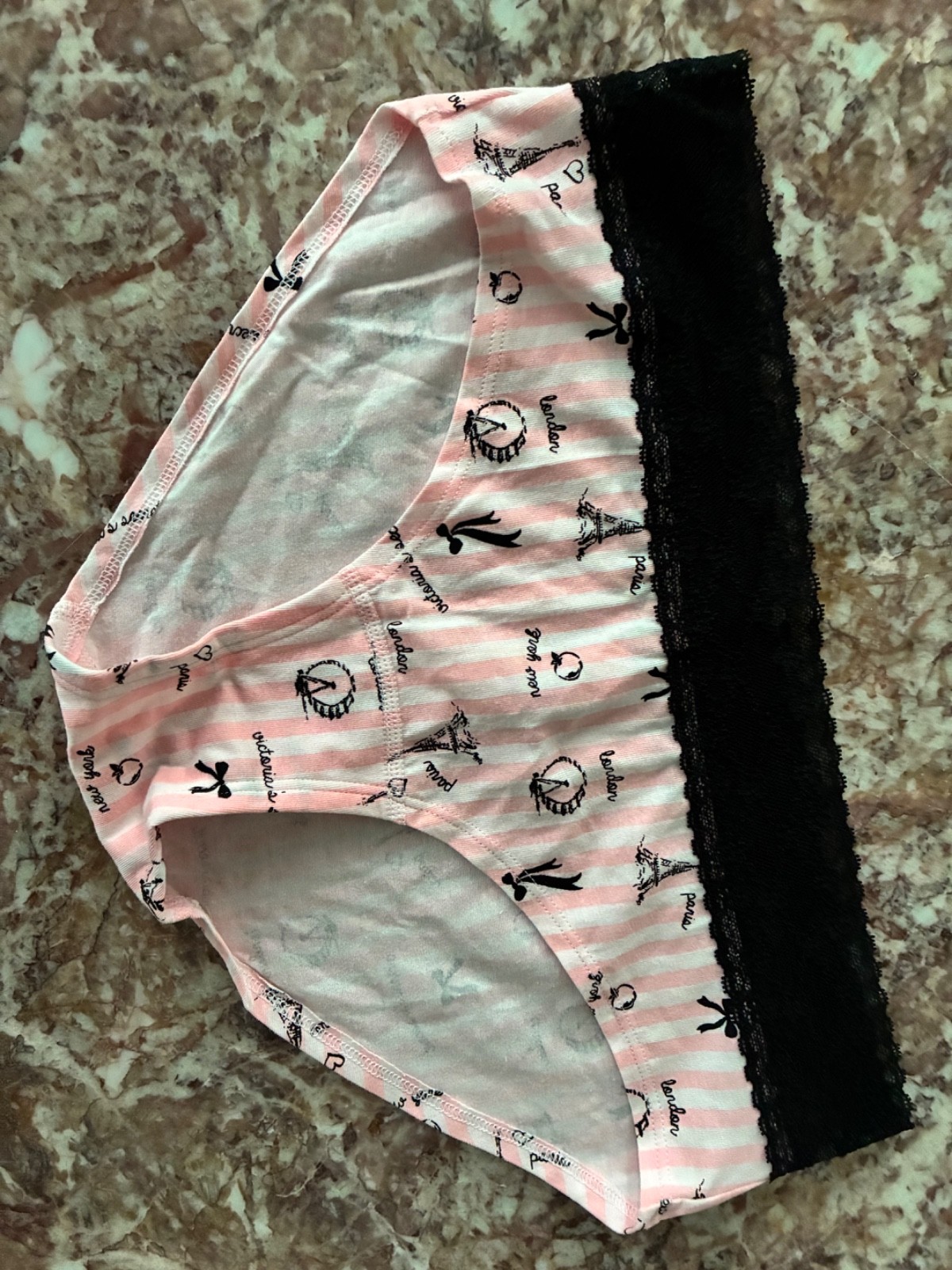 Victoria’s Secret Large Pink Paris France Black Lace Low Rise Hiphugger Panty