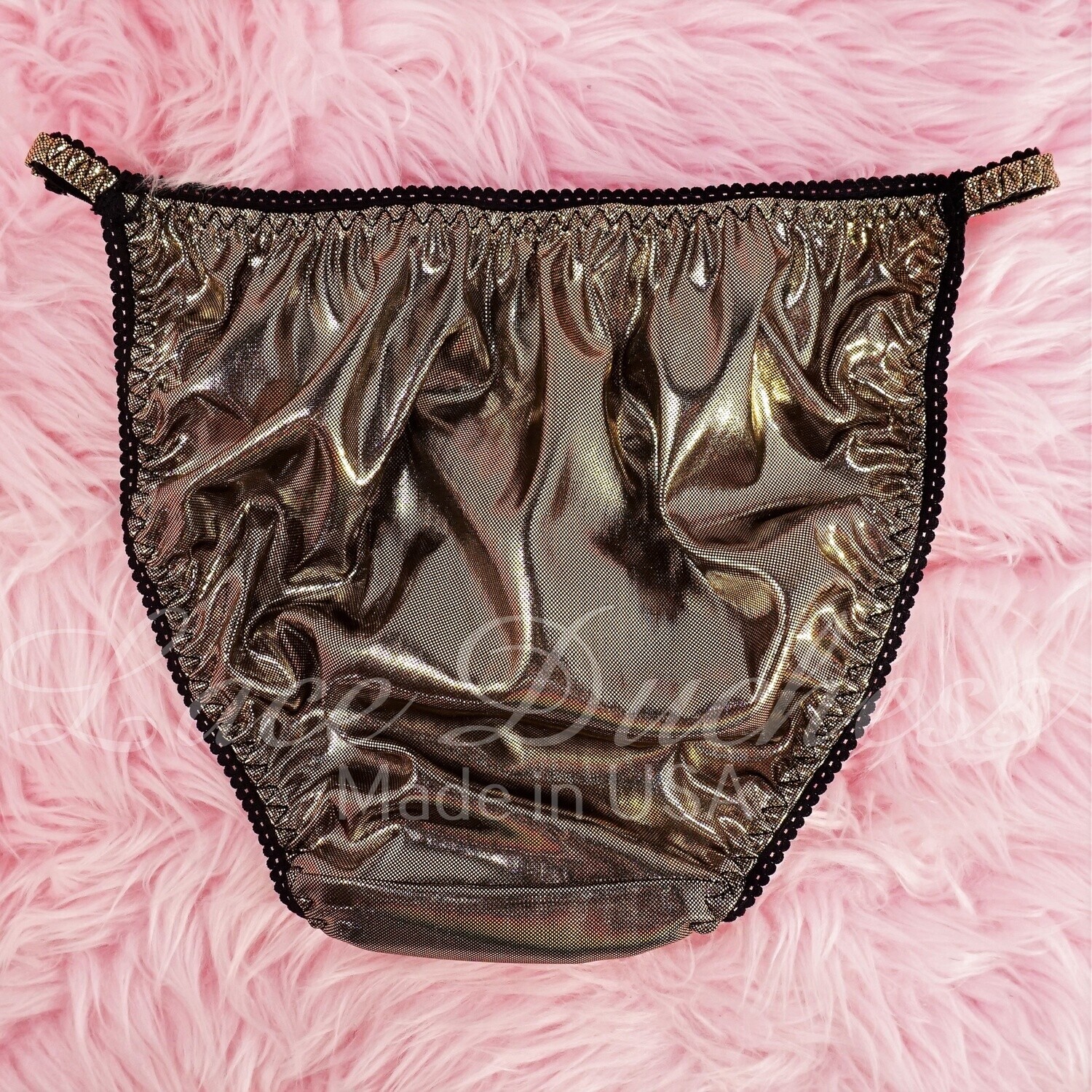 GOLD Black Metallic Foil Sissy DUCHESS CUT ladies string bikini panties