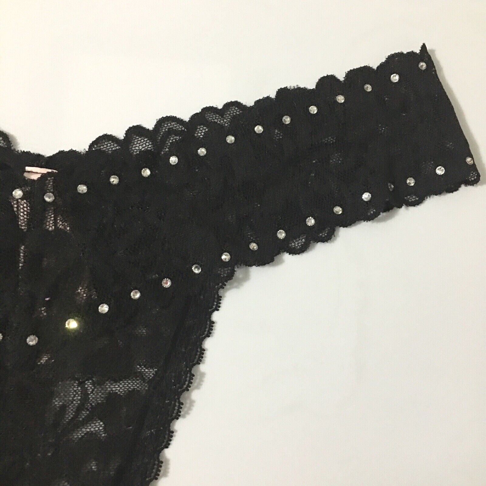 Victorias Secret Black Lacie Thong Panties Size L Sexy Rhinestone Accents Flirty