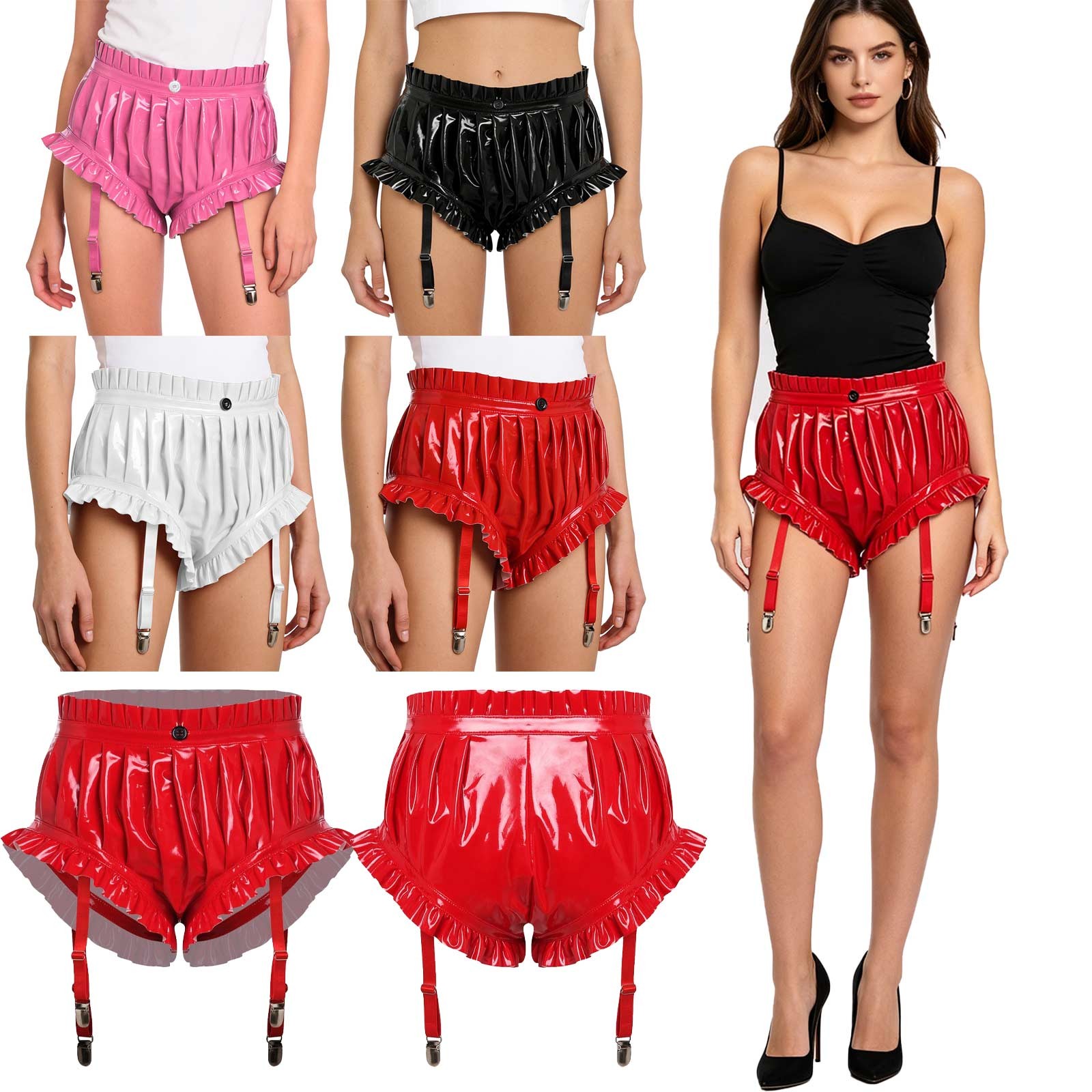Womens Wet Look PU Leather Briefs Underwear Ruffled Trim Ruched Bloomer Shorts