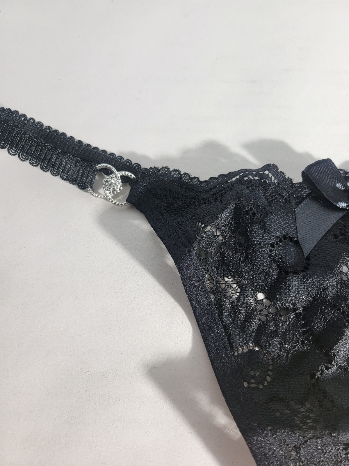 Floral Lace Bow Detail Thong Size Medium Black New in Bag