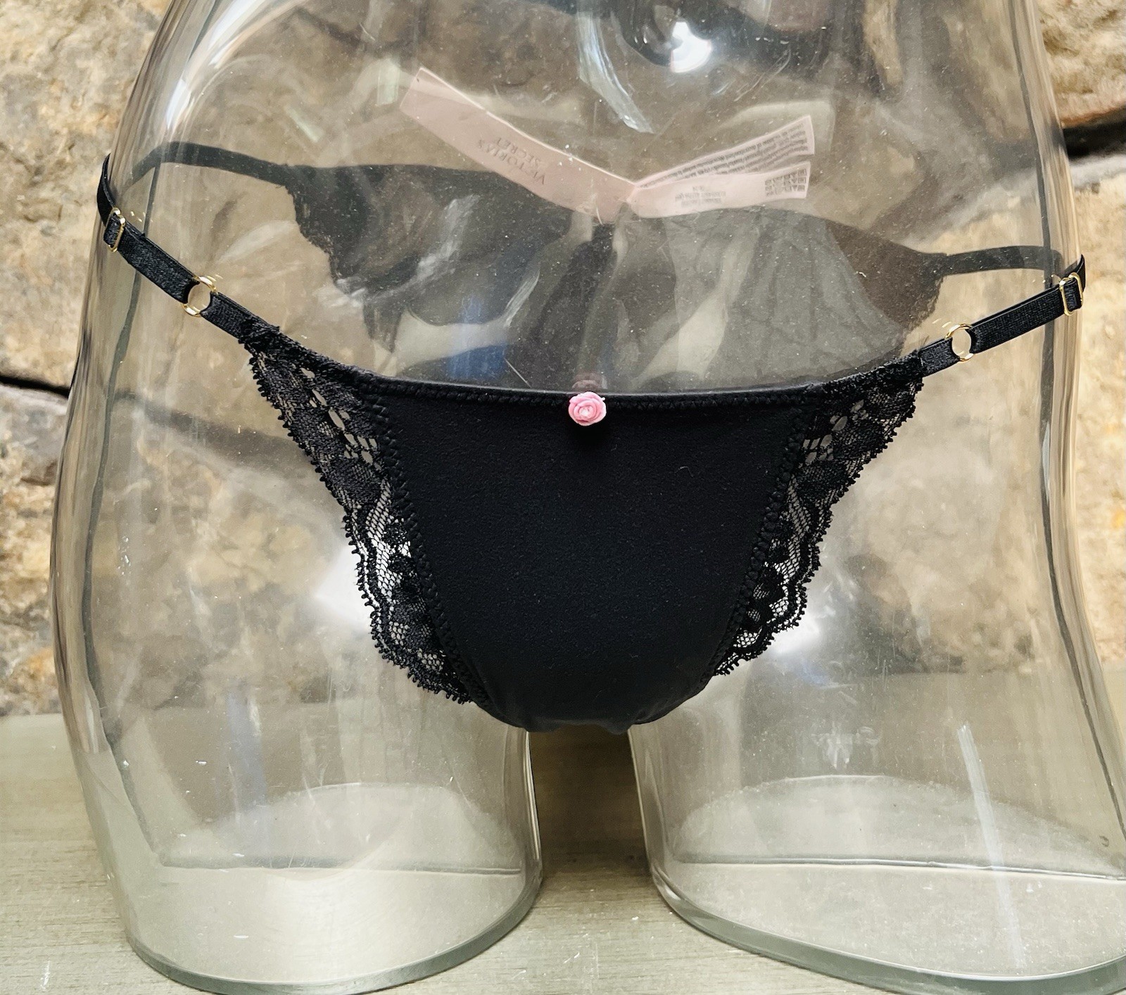 Victoria’s Secret Lace Trim Bikini Sz S Adjustable Waist BLACK NWT$16.95