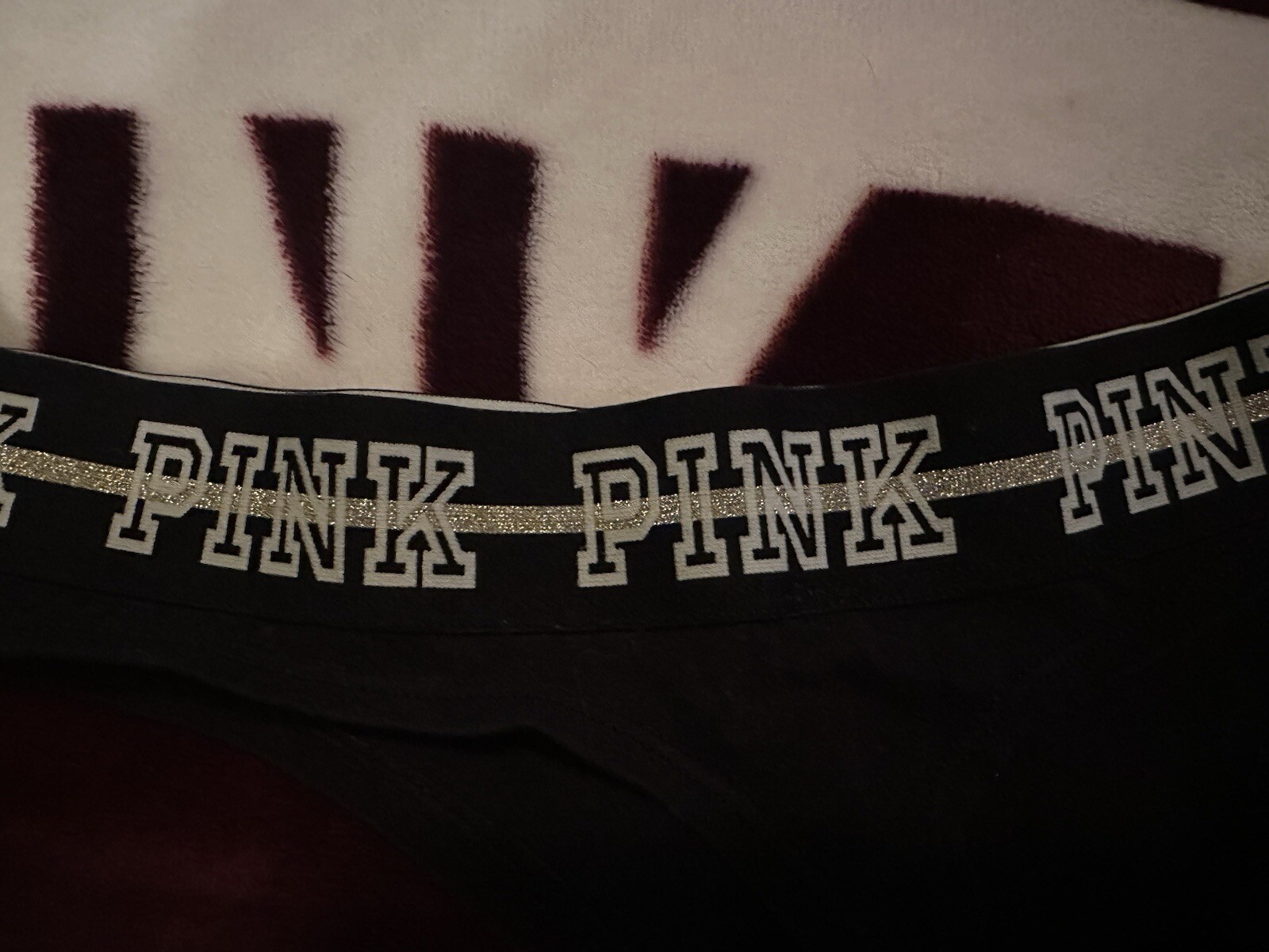 TRUE VINTAGE VICTORIA SECRET PINK LOGO THICK GLITTER WAISTBAND THONG M BLACK