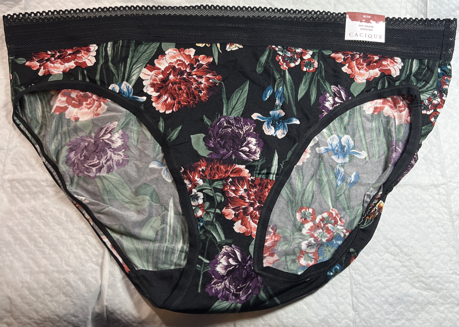NWT CACIQUE LB Sz 18/20 No-Show Hipster Black W/ Bright Flowers
