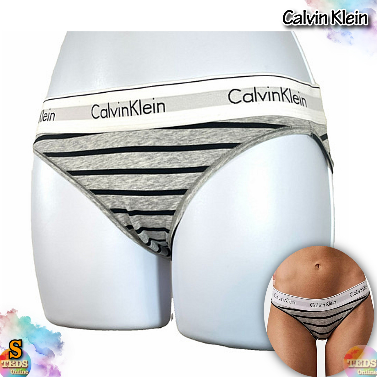 NWOT Calvin Klein Women’s S Modern Cotton Logo Bikini F3787 Gray w/ Black Stripe