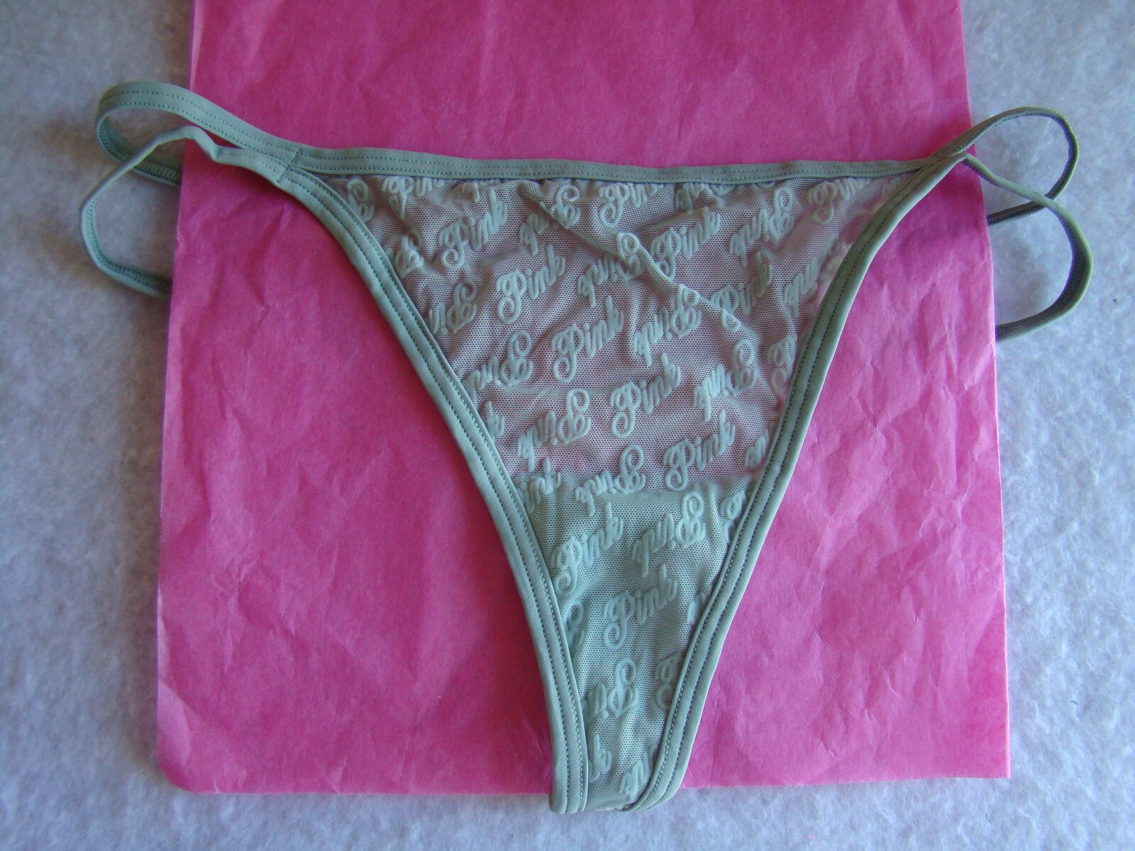 New Victoria’s Secret Mint Green PINK Logo Pattern All Over Thong String Panties