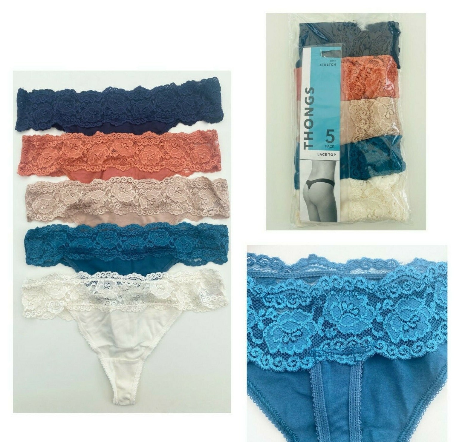 Ladies 5 Pack Thongs GEORGE Multi-Pack Lace Top Cotton Knickers Underwear NEW