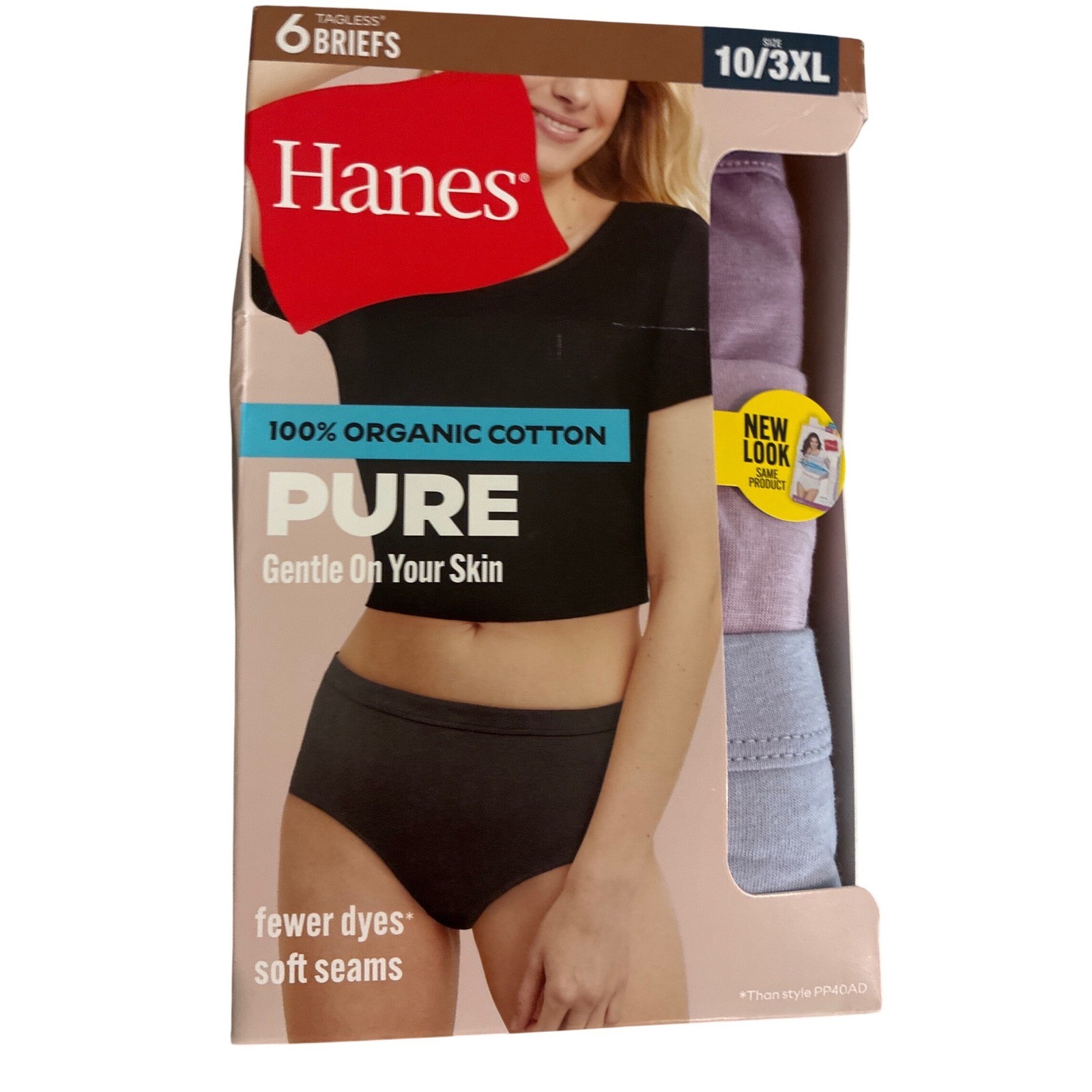 Hanes Pure Women 6 Pack 100% Organic Cotton Briefs Tagless Size 10/3XL PC40AS