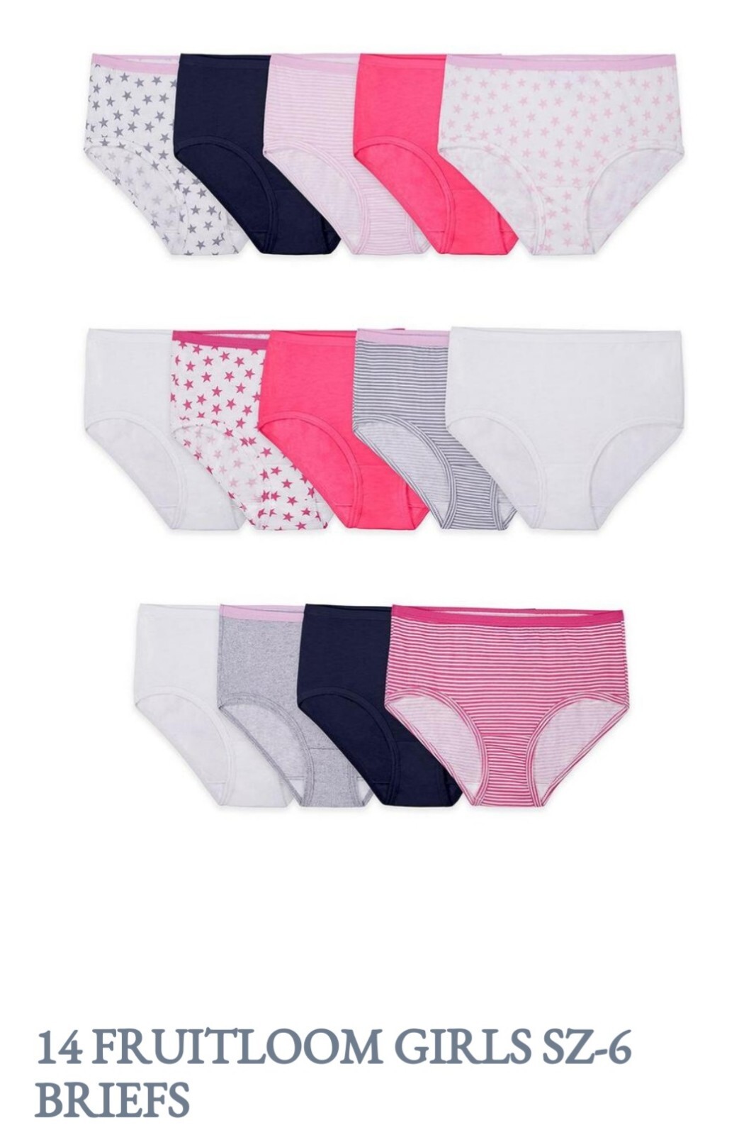 14 pack Fruit of the Loom Girls size 6, 100% breathable cotton fabric