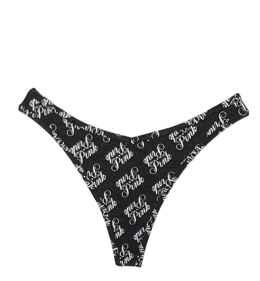 NEW Victoria’s Secret PINK Thong String V-Cut Rib Pure Black Script Large