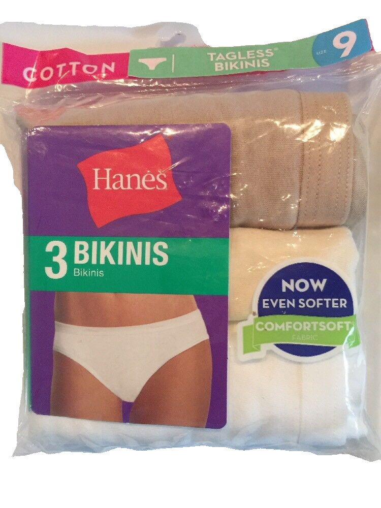 Hanes Bikini Panties Size 9 3-Pack Cotton Wide Waistband Tagless White Beige NEW
