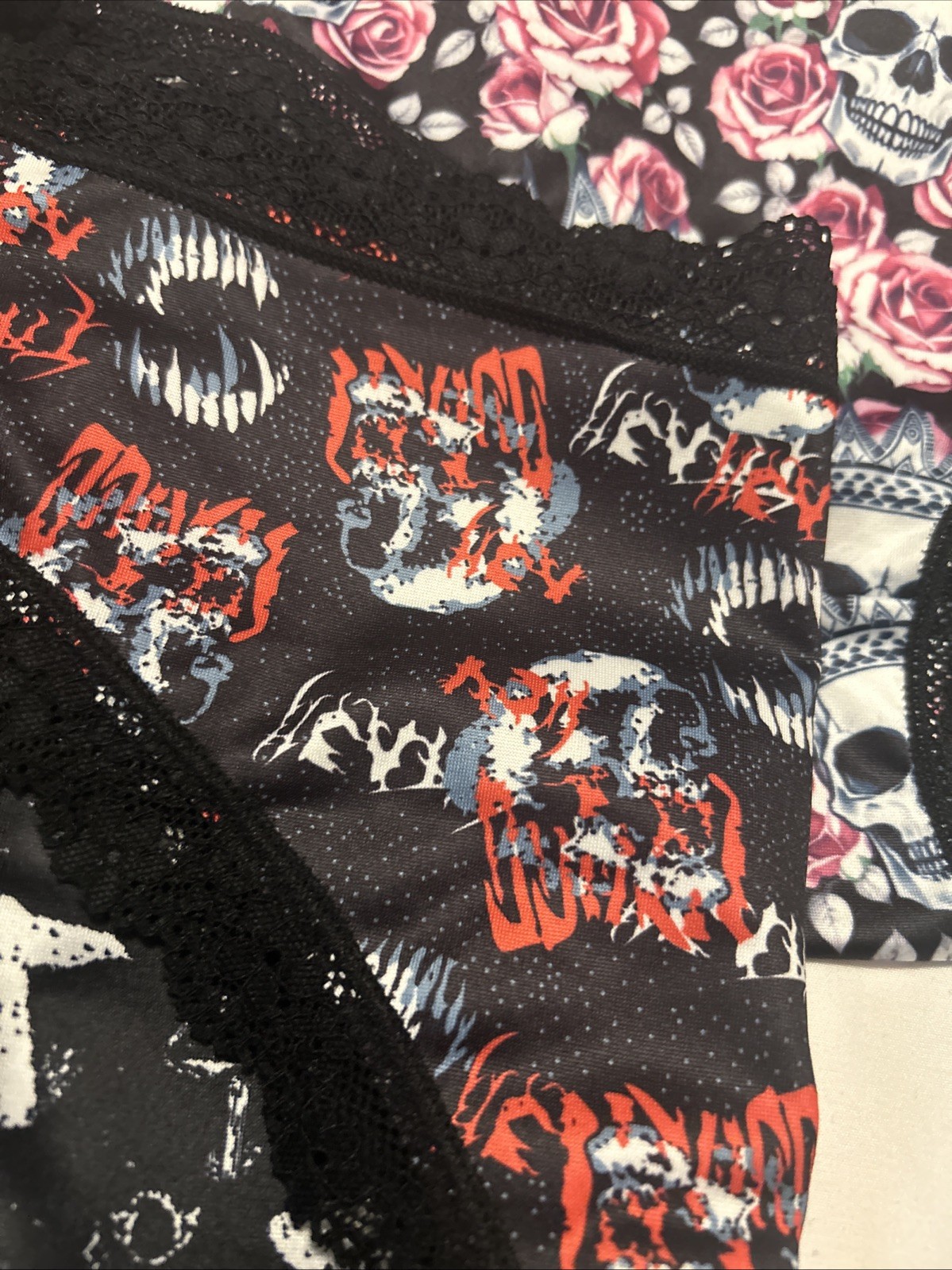 Morvia 3pk lace trim goth Skater Emo Goth panties M Skull Mushrooms Floral New