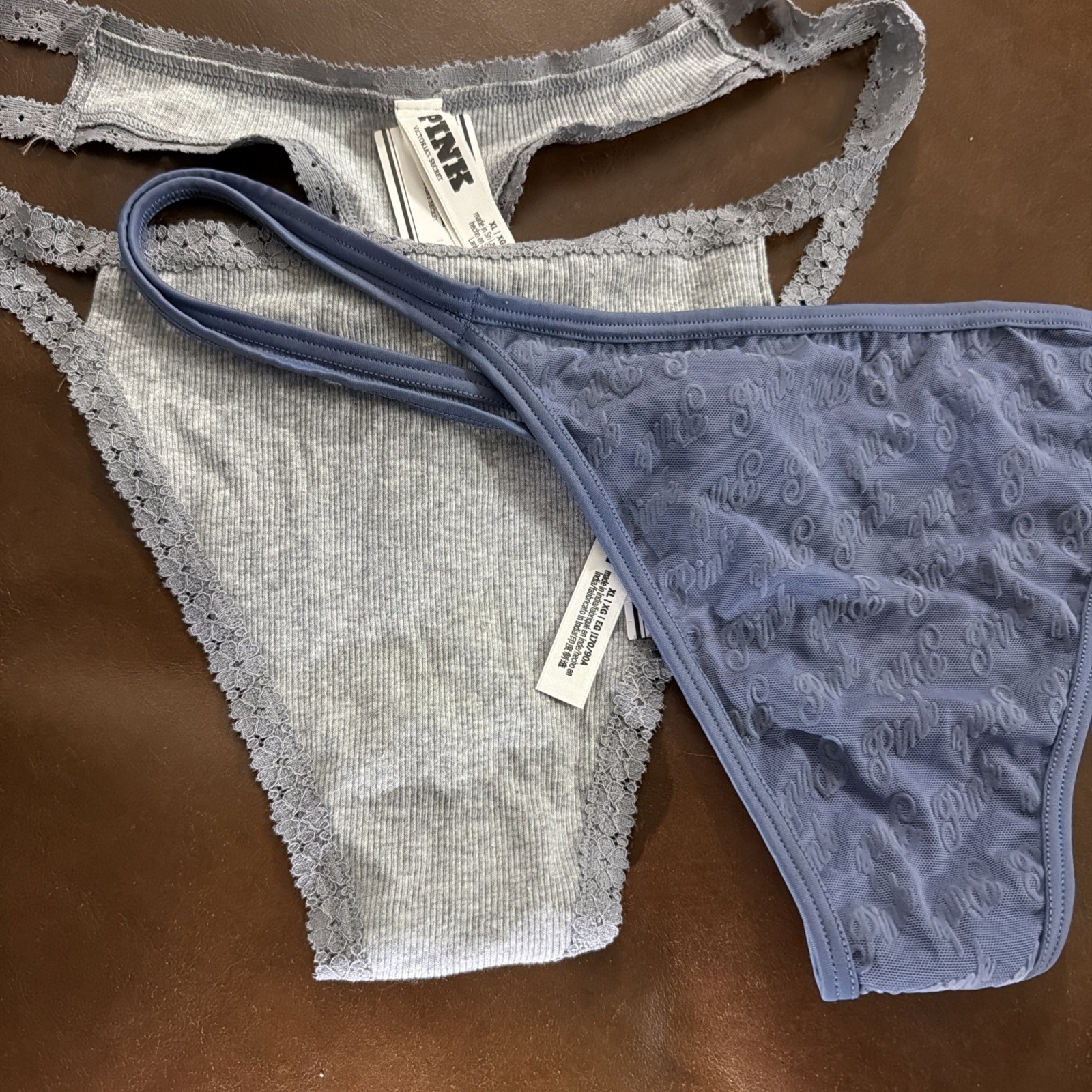 2 Victoria’s Secret Pink Xl NWT Thongs Grey Blue Logo Flowers