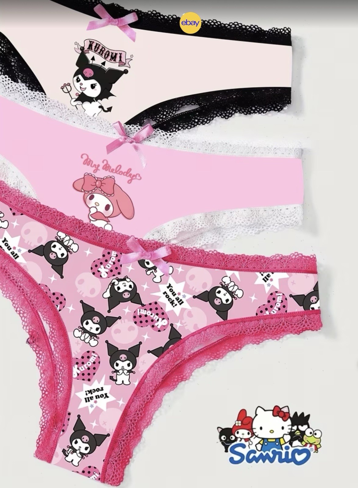 Women’s/Teen Sanrio Kuromi My Melody Kawaii Thong Panties Stretch 3pk Medium