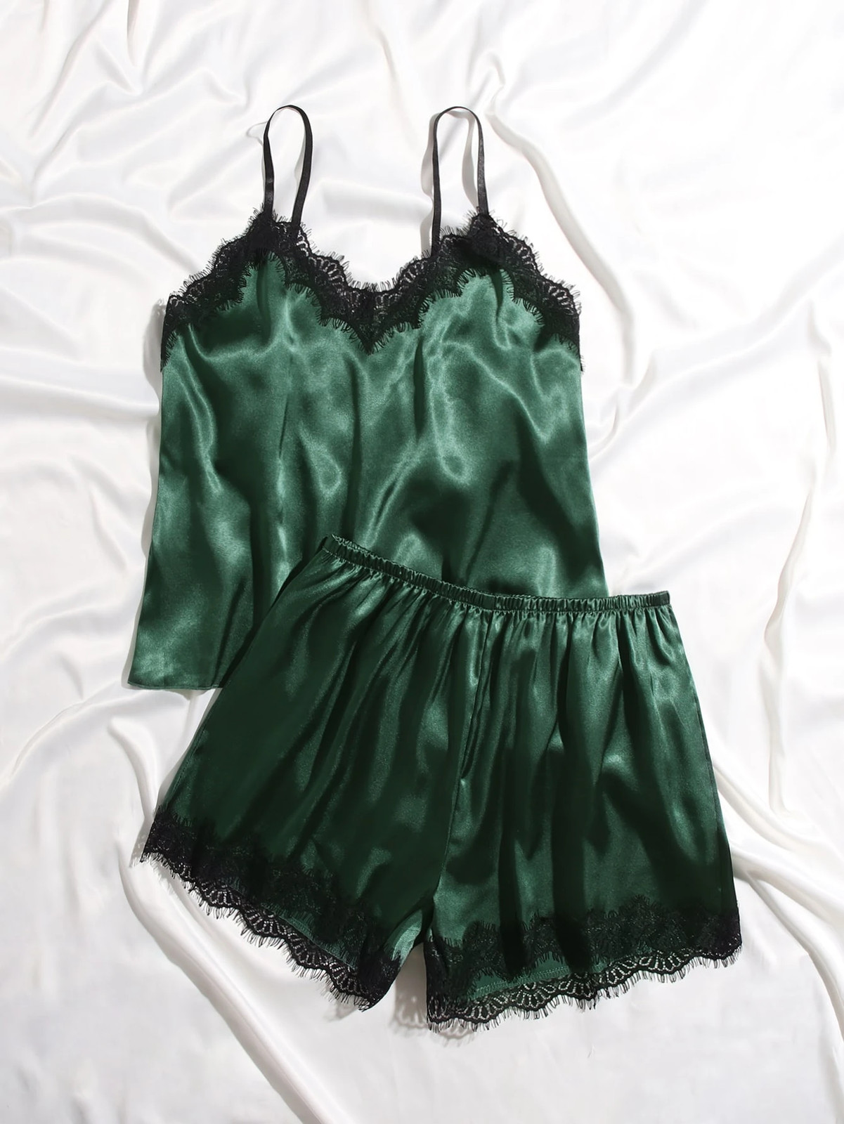 Elegant Satin Cami Top & Shorts Pyjama Set With Lace Edge Cheap24