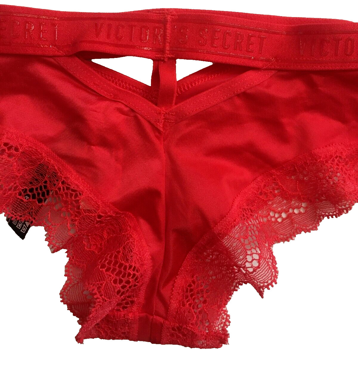 Victorias Secret Cherry Red Cheeky Panty Size XS Sport Logo Band Silky Lace Trim