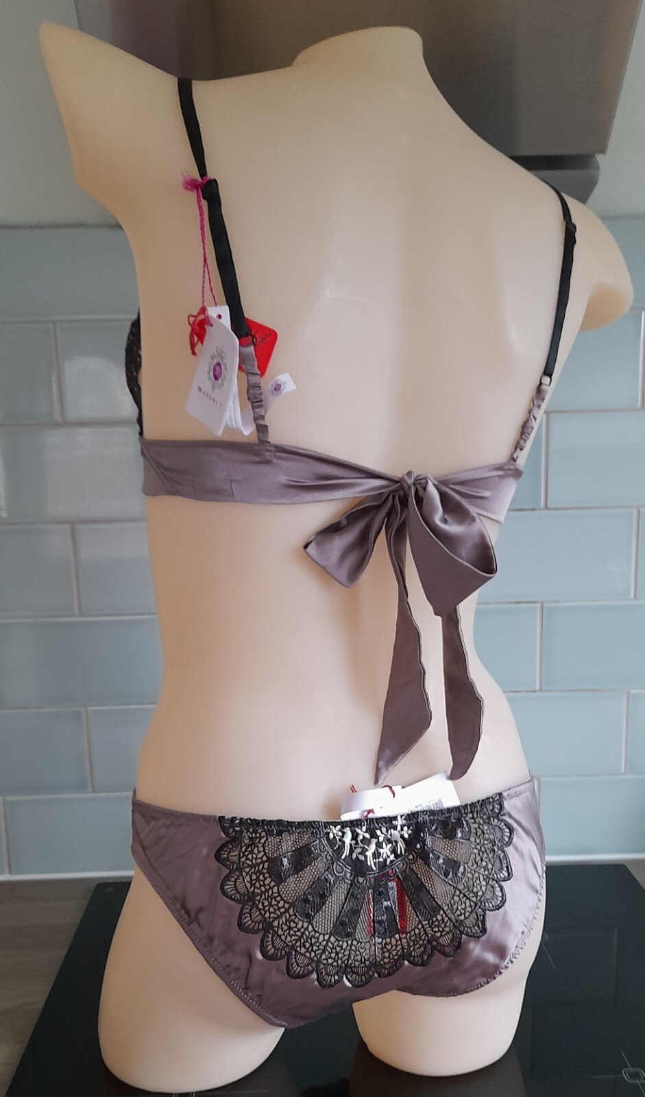 Madame V Steel OPIUM Silk Sheer Mini Knicker Brief With Black Lace Panel
