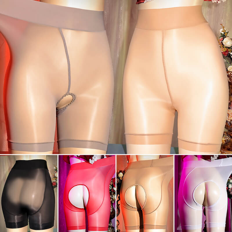 Womens Sheer Open Crotch Boxer Shorts Underwear Shiny Glossy See-through Panties