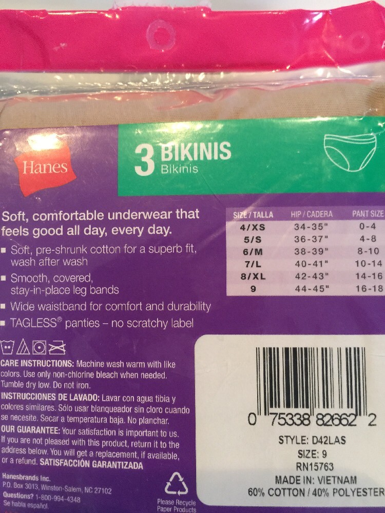 Hanes Bikini Panties Size 9 3-Pack Cotton Wide Waistband Tagless White Beige NEW