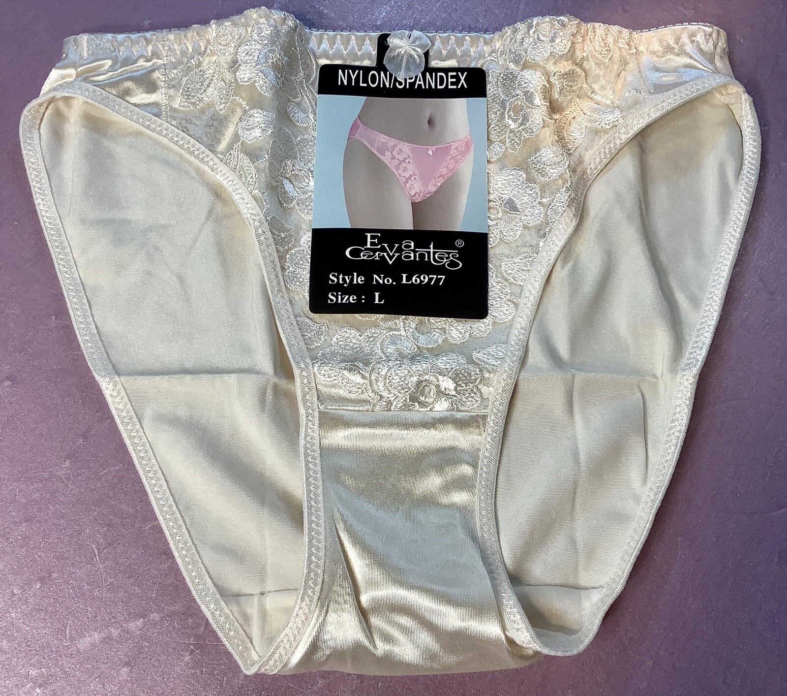 Women Panties,Bikinis “Eva Cervantes” Size XL. Beige Satin Floral W/decoration