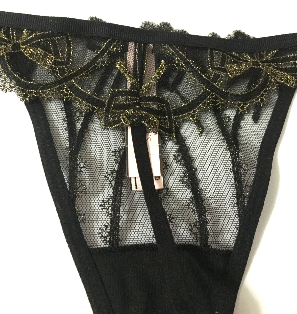 Victorias Secret Dream Angels Black Shine Lace V-String Thong Size S Sheer Bows