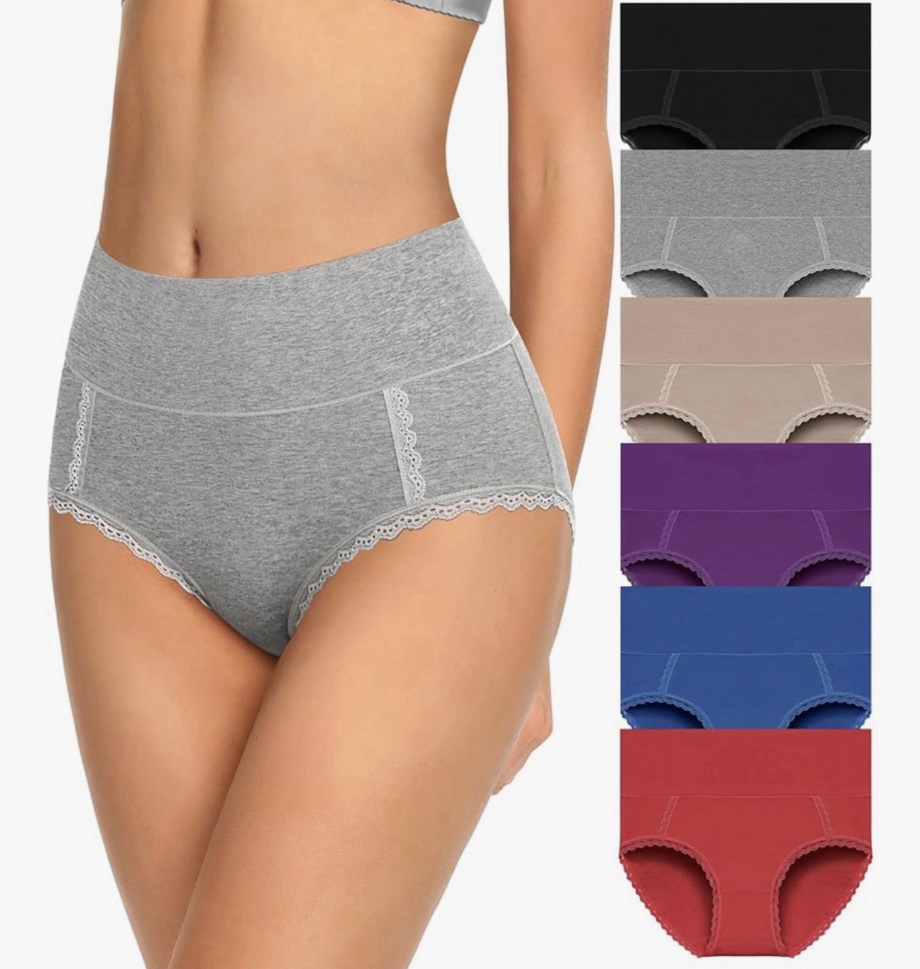 MISSWHO Womens Cotton Underwear High Waisted Briefs Lace Trim 6 Pack M