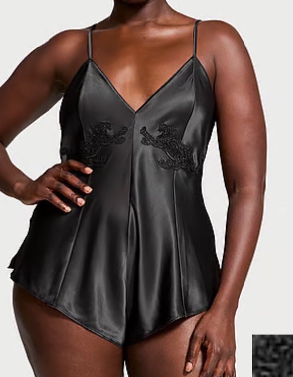 Victoria’s Secret Jaguars Embroidery Romper Lingerie Black Satin Extra Large NWT