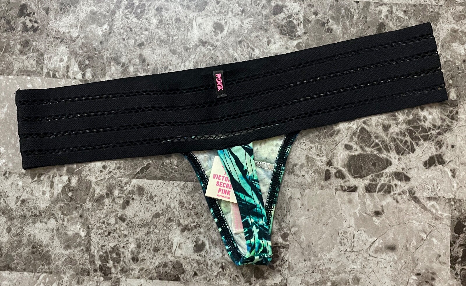 NWT VICTORIA’S SECRET PINK XS BLUE GREEN PALM NETTED BAND RARE THONG PANTIES