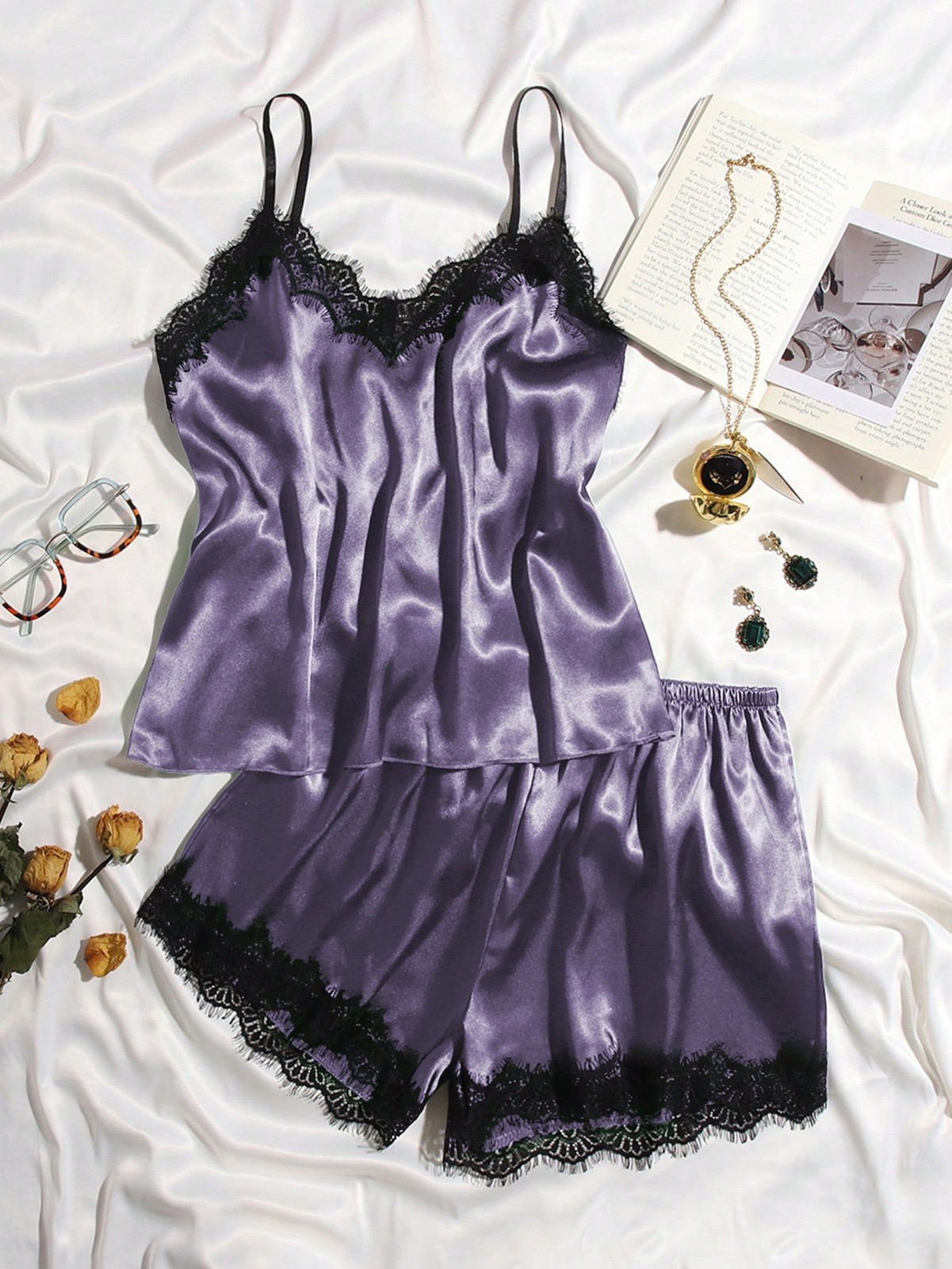 Elegant Satin Cami Top & Shorts Pyjama Set With Lace Edge Cheap24