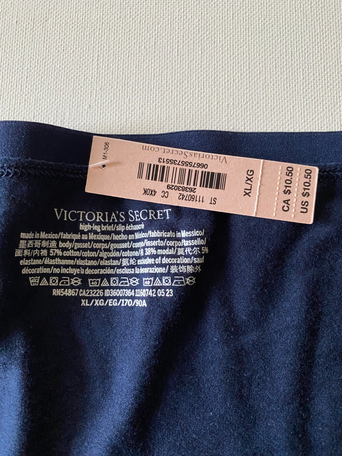 Victoria Secret High Leg Brief Stretch Cotton sz -XL LOGO Waist NAVY BLUE NEW