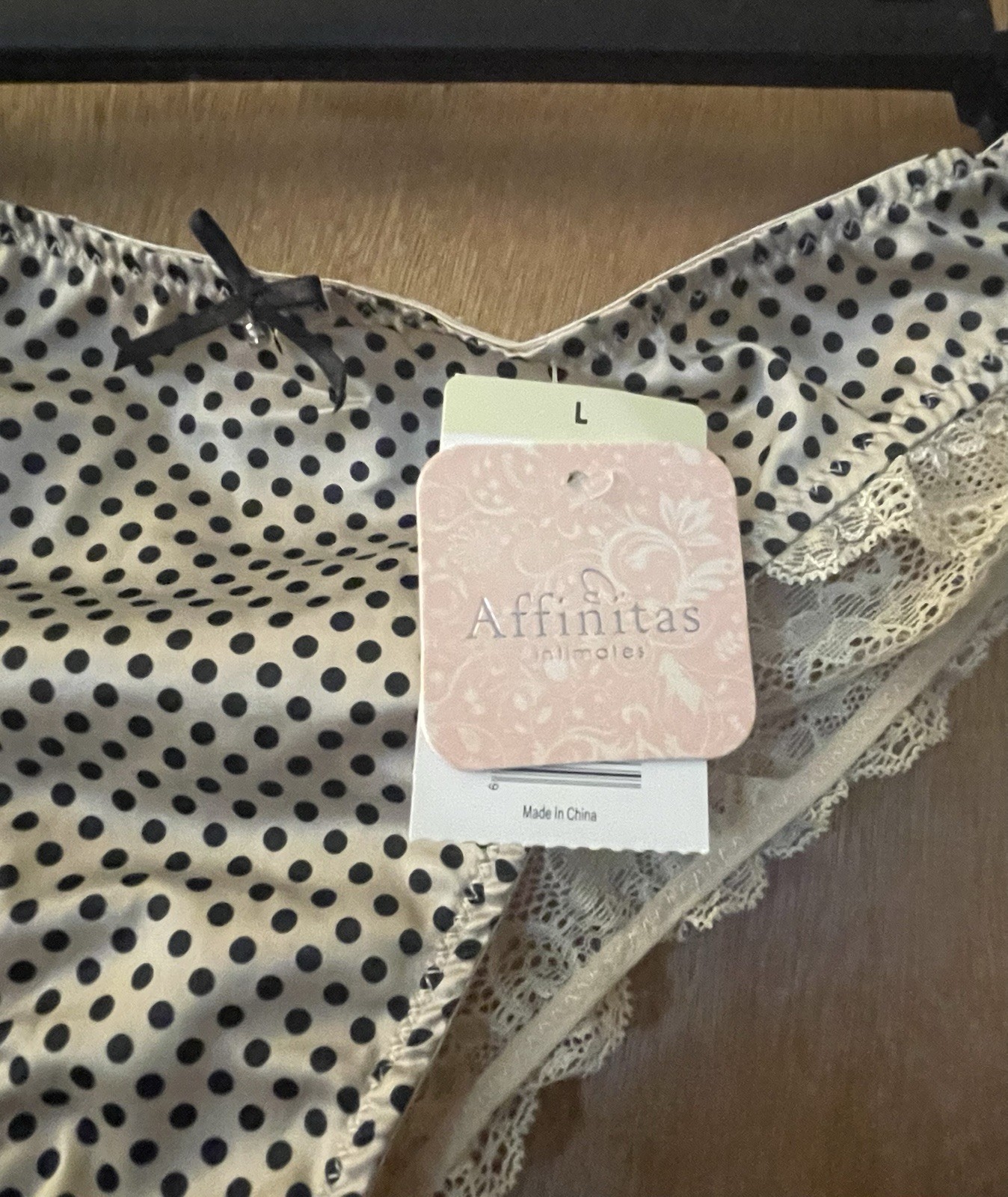 Affinitas Women’s Thong Panties L Polka Dot Lace Bow
