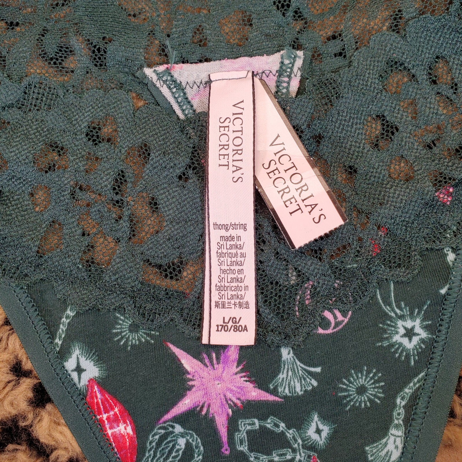 Victoria’s Secret Dark Green Jewels & Bling Floral Lace Thong Panty L NWT Sexy