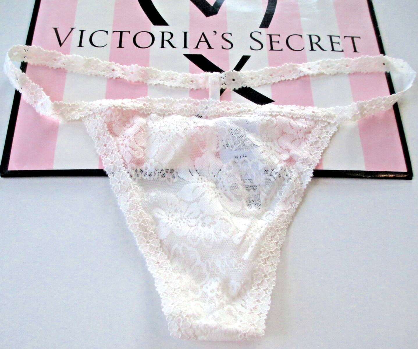 VICTORIA’S SECRET PINK Wink V-String Thong Panty S M L XL Coconut White NWT Lace