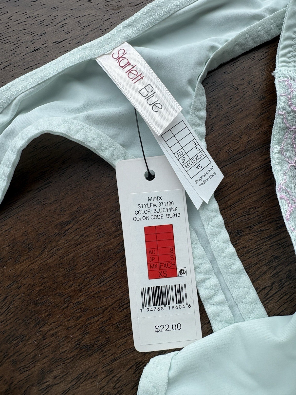 Skarlett Blue Minx Lace Thong Blue Pink XS NWT Low Rise Panty 371100