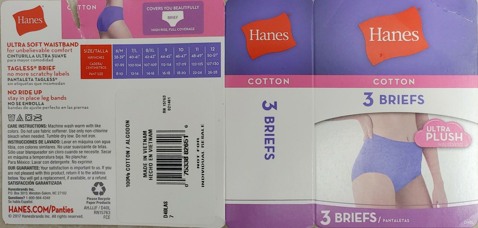 Hanes Cotton Tagless Brief Panties High Rise Full Coverage – 3 Pack D40L Size 7