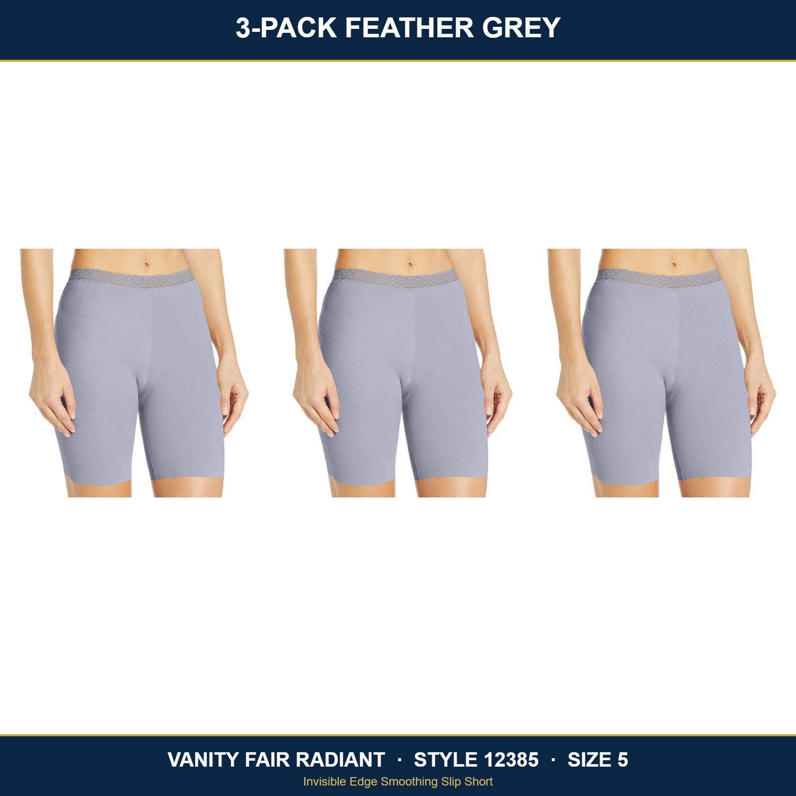 Vanity Fair Radiant 12385 Smooth Slip Short Panty Size 5 Feather Grey 3PK NWT