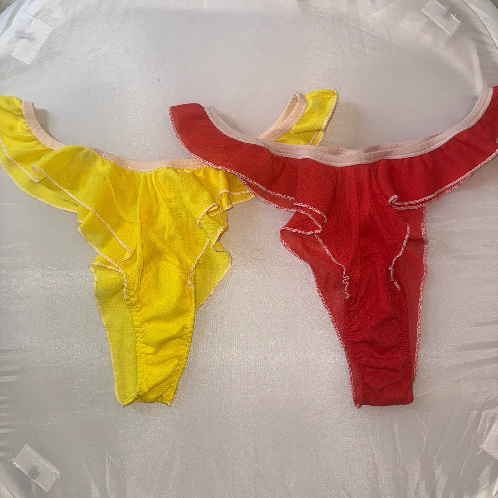 FREE PEOPLE WE ARE HAH Fly Girl Thongs Blood Orange and Yellow Sexy Ruffle Sz L