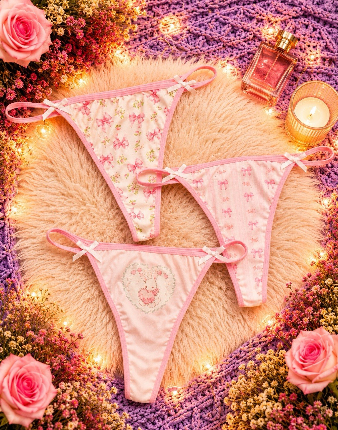 Women’s Teen Thong Cartoon Panties Kawaii Floral Bunny Pink White Red 3pk Medium