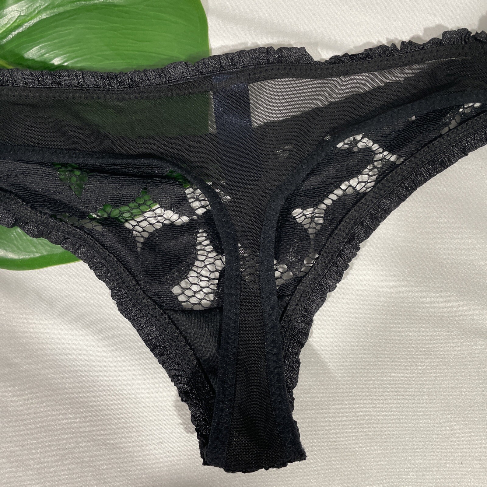 NEW RACHEL Rachel Roy [ Small ] Sheer & Floral Lace Thong in Black #5276