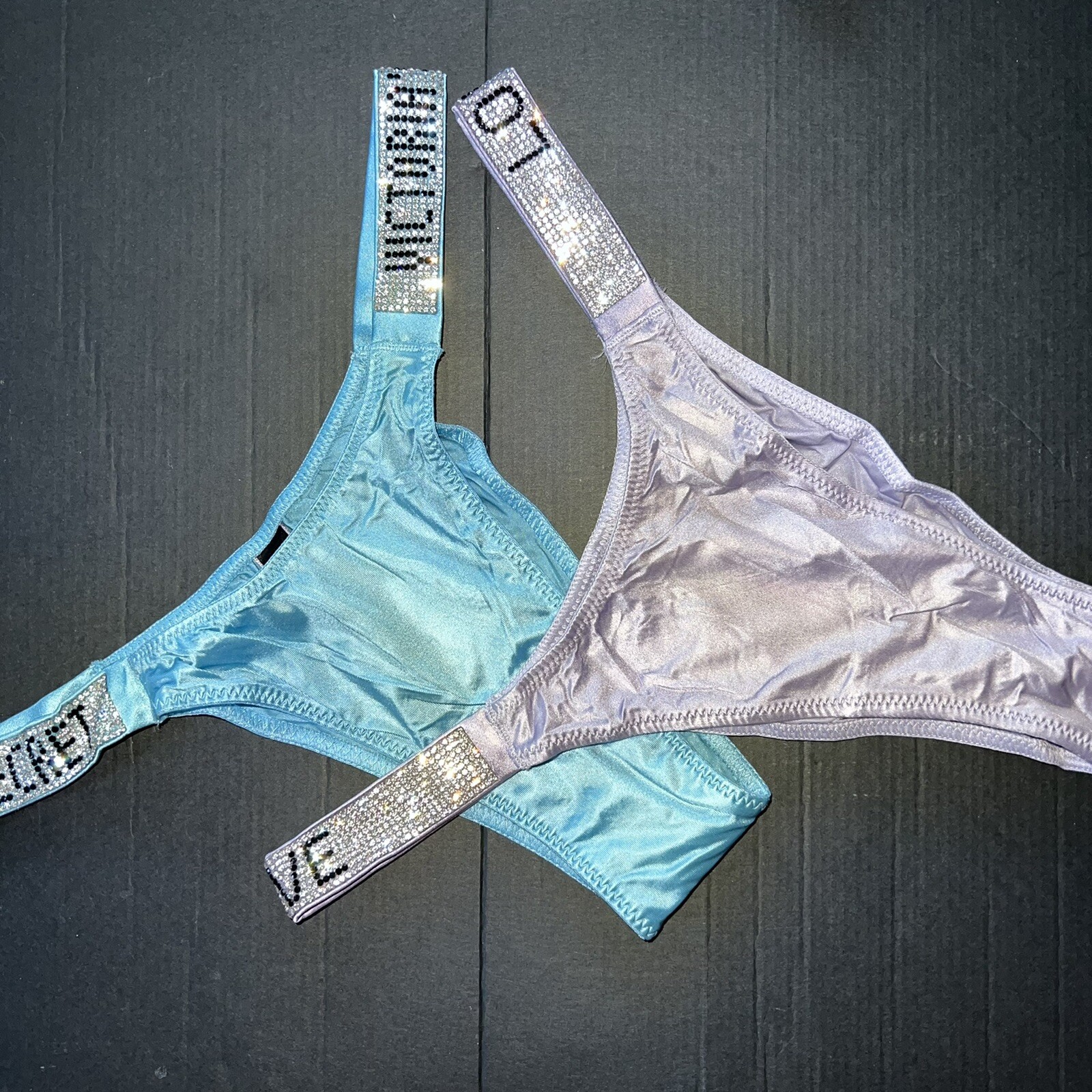 NWT Victoria’s Secret XS PANTY LOT BLUE lilac purple love silver SHINE STRAP