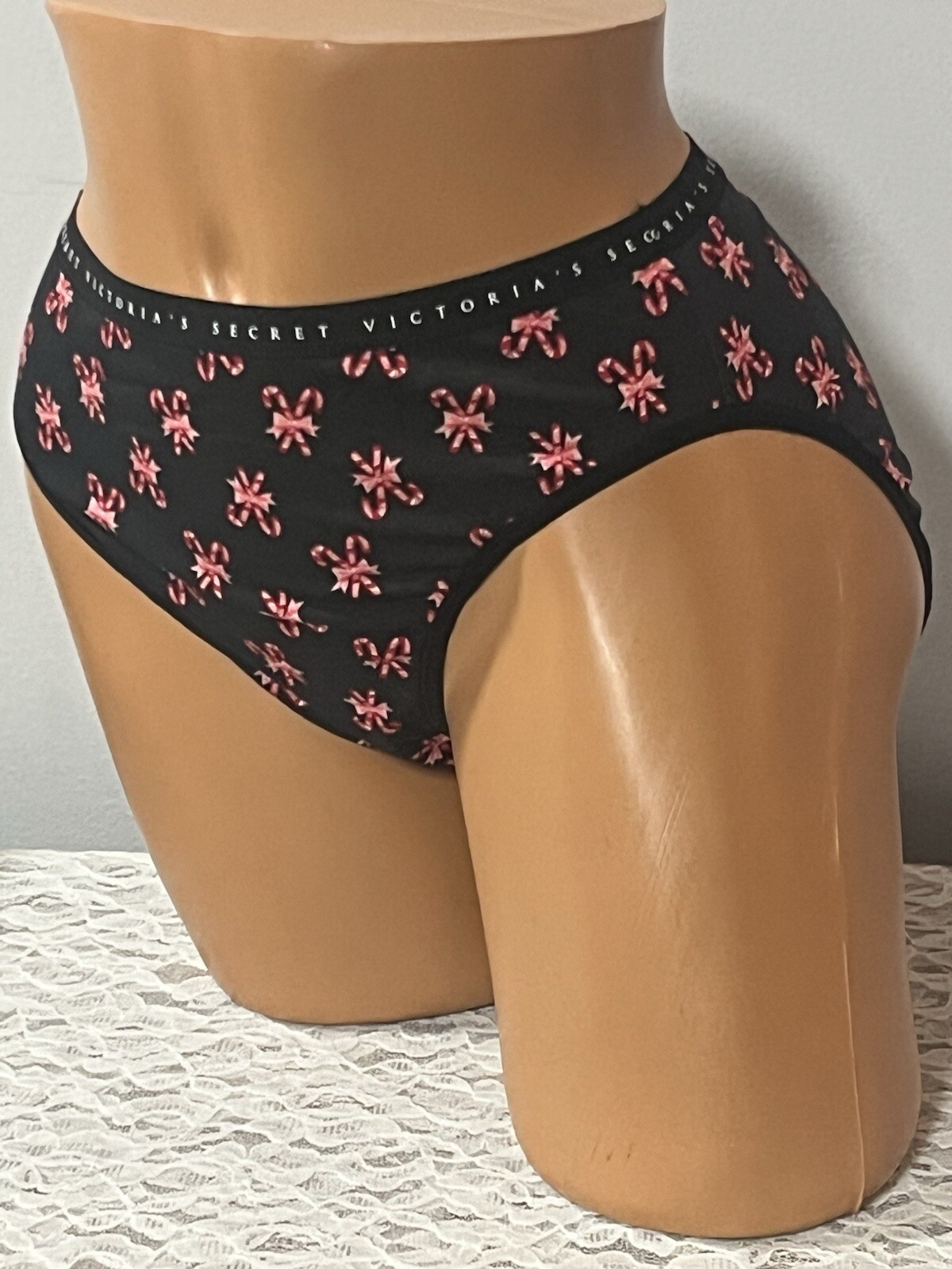 Victoria’s Secret Brief Black Candy Cane Panties Logo Waist Size Large